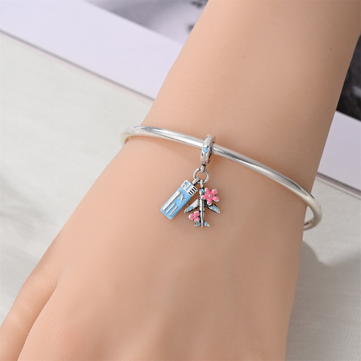 Airplane with Ticket & Flowers Dangle Charm