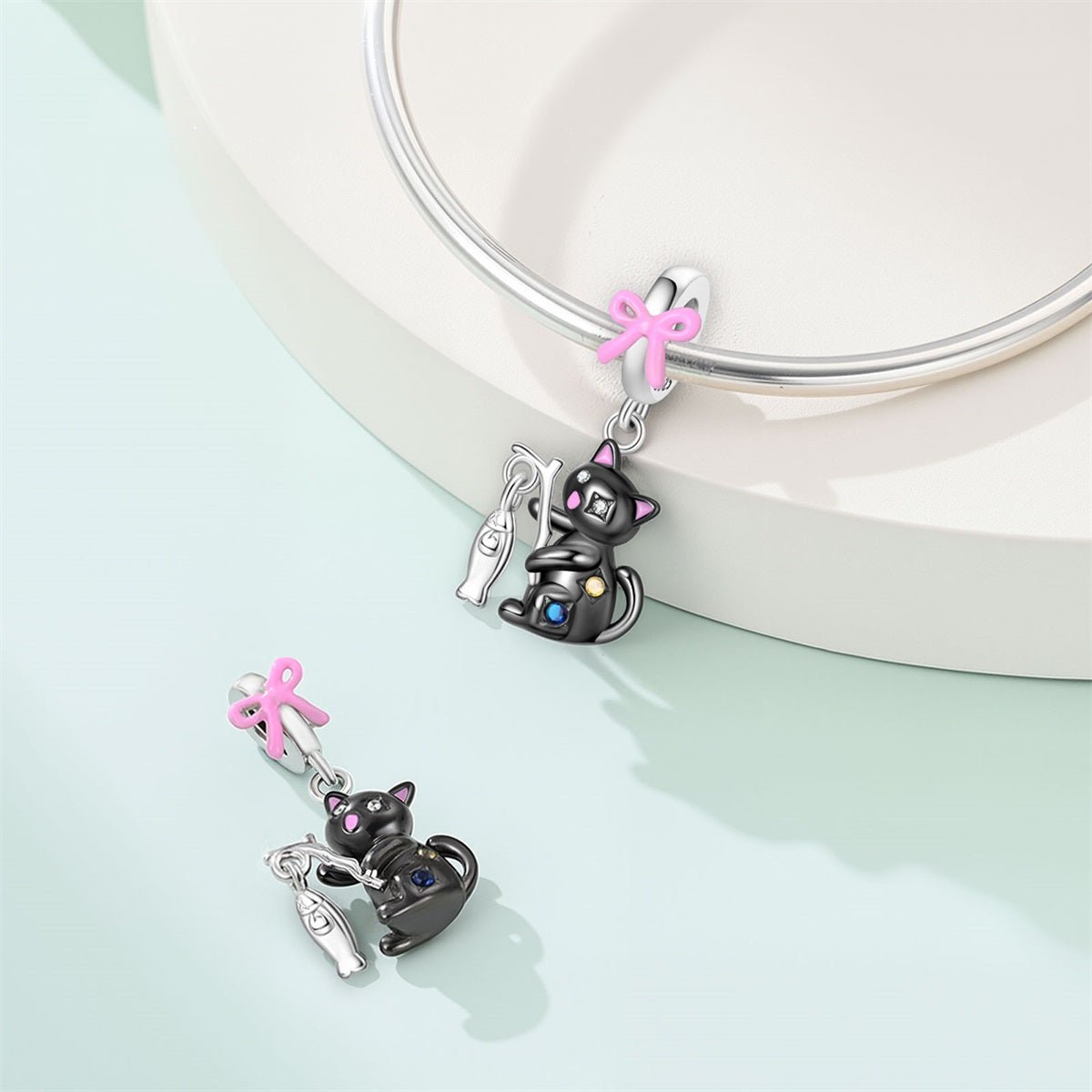 Black Cat with Fishing Rod & Crystal Accents Dangle Charm