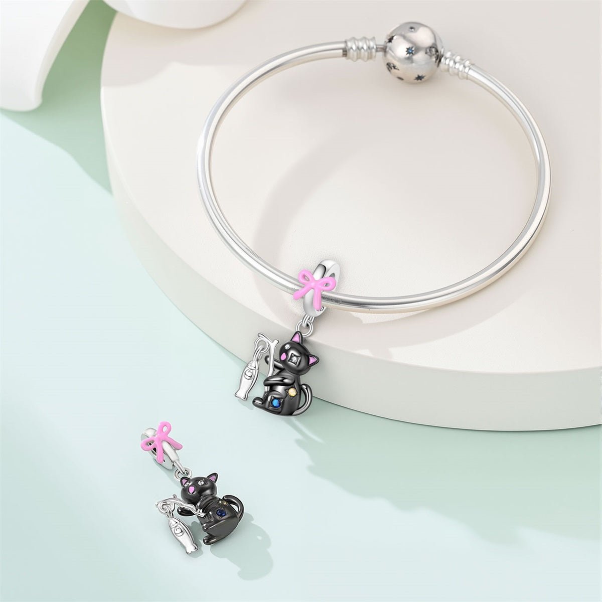 Black Cat with Fishing Rod & Crystal Accents Dangle Charm
