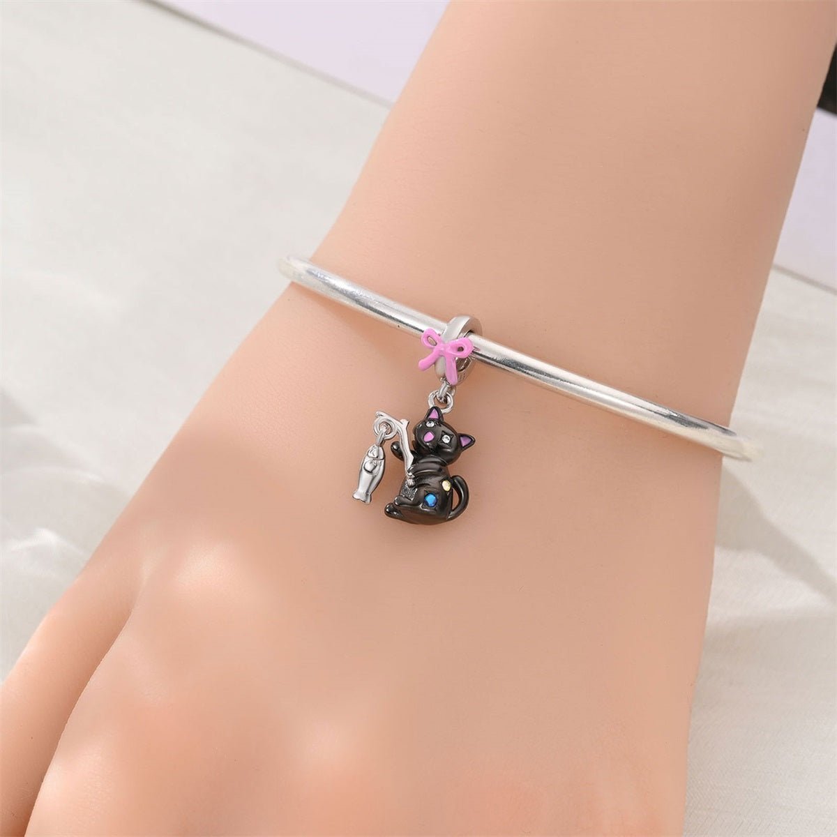 Black Cat with Fishing Rod & Crystal Accents Dangle Charm