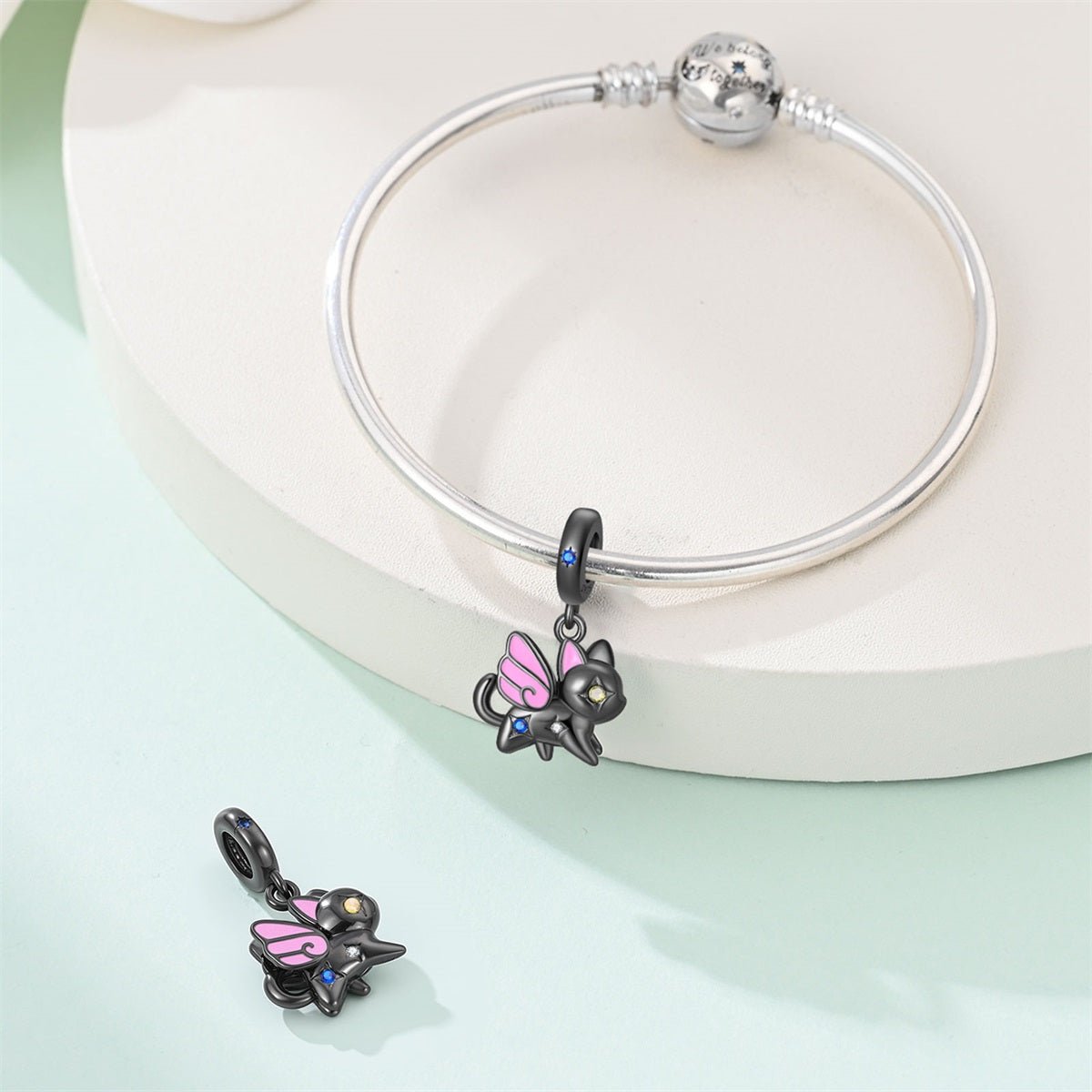 Black Cat with Pink Fairy Wings Dangle Charm