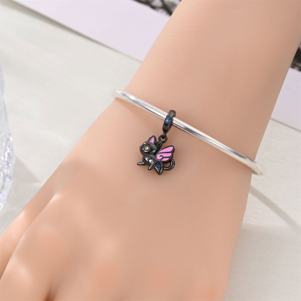 Black Cat with Pink Fairy Wings Dangle Charm