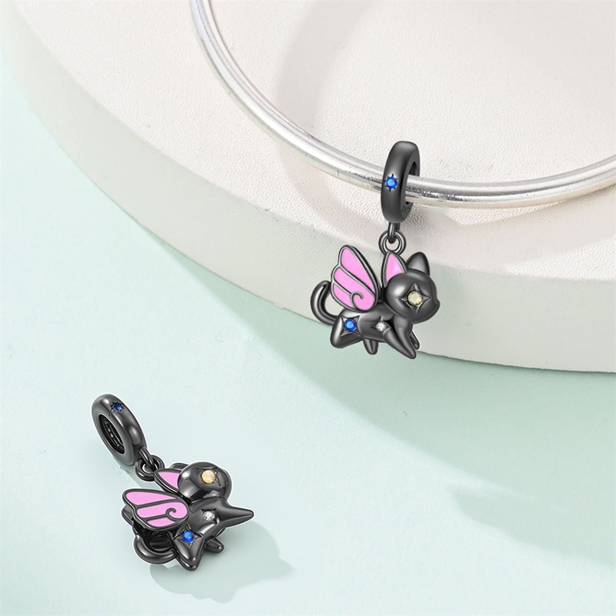 Black Cat with Pink Fairy Wings Dangle Charm