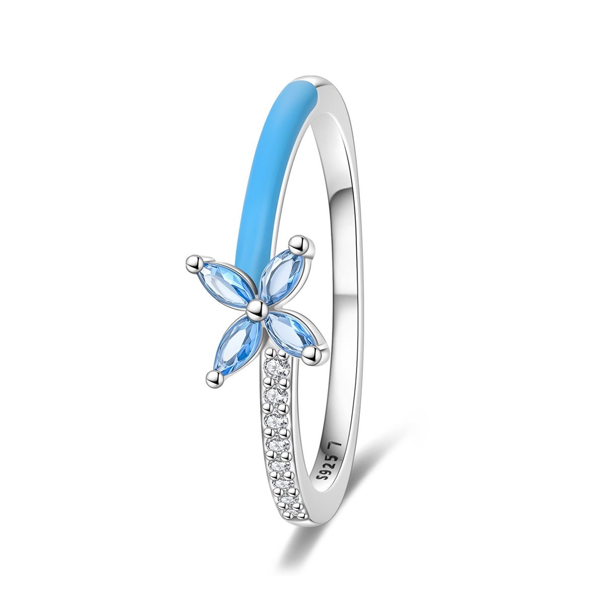 Blue Enamel & Sparkling Flower Ring