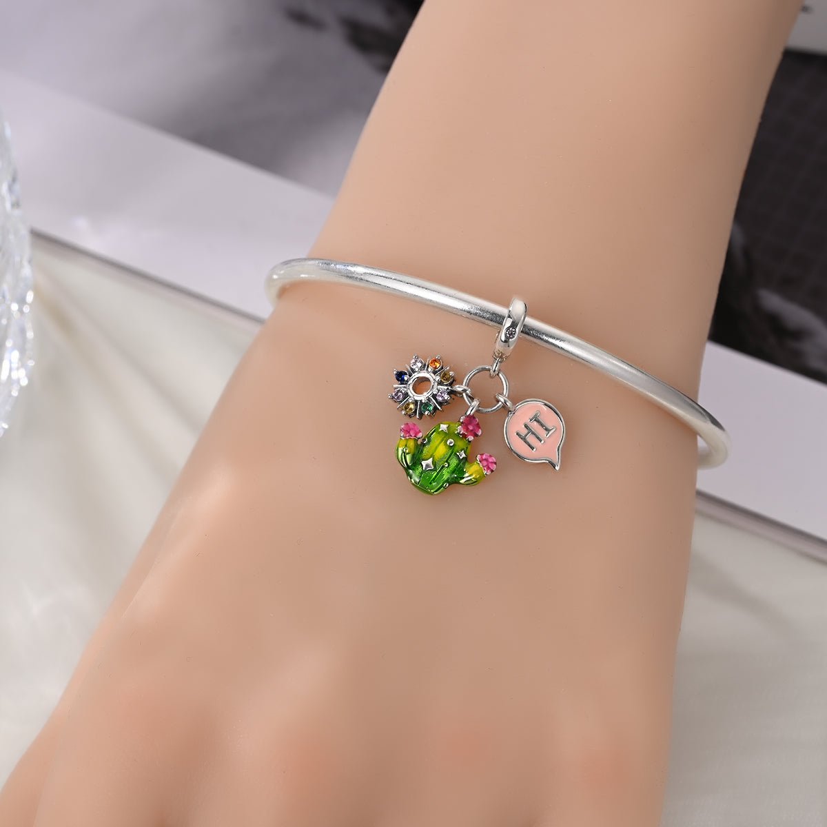 Cactus with Rainbow Flowers & "Hi" Speech Bubble Dangle Charm