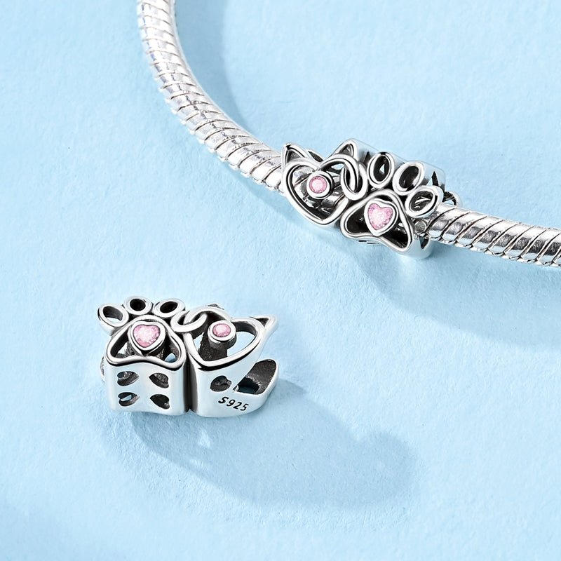 Cat & Paw Heart with Pink Crystals Charm