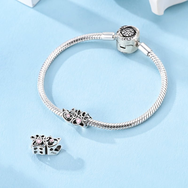 Cat & Paw Heart with Pink Crystals Charm