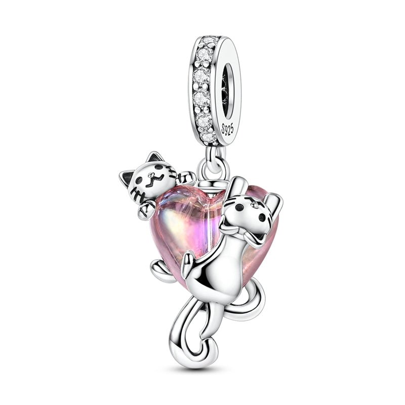 Cats Climbing Heart Crystal Dangle Charm