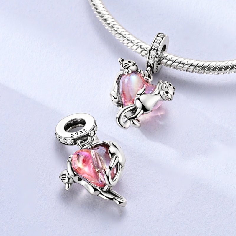Cats Climbing Heart Crystal Dangle Charm