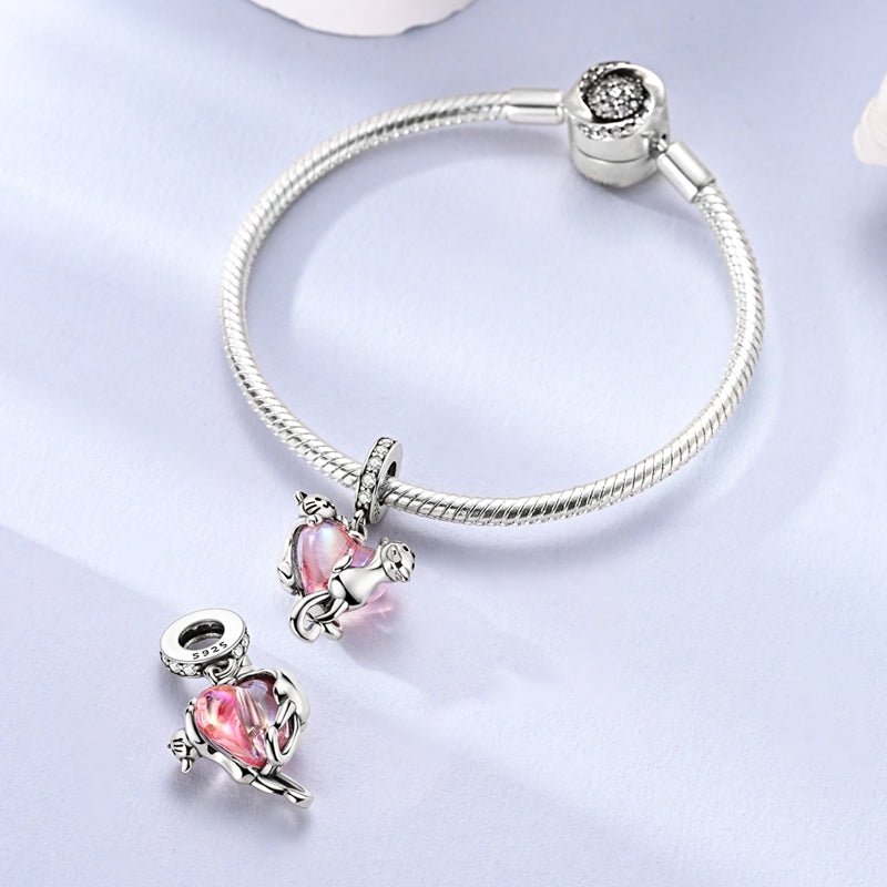 Cats Climbing Heart Crystal Dangle Charm