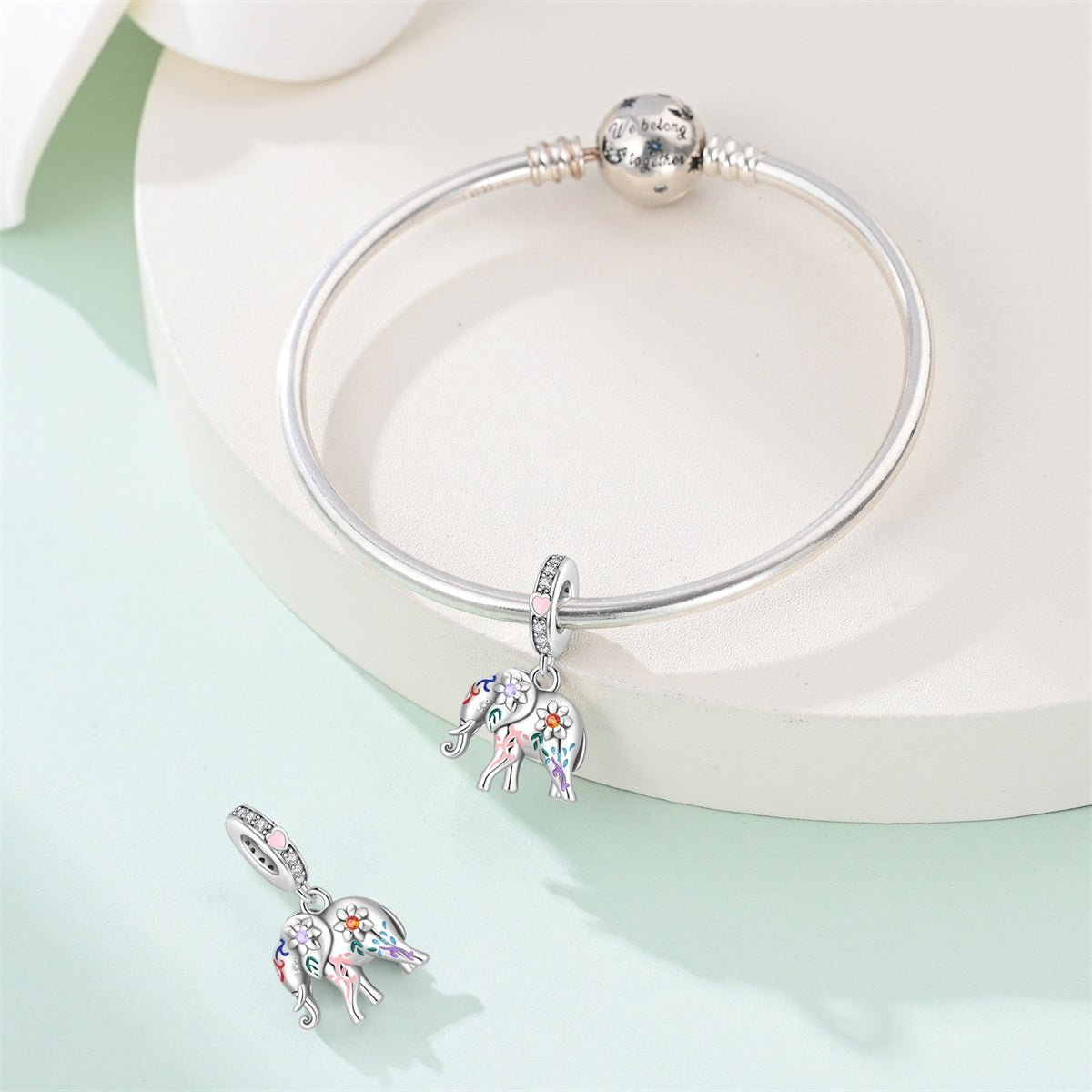 Colorful Elephant with Floral Accents Dangle Charm