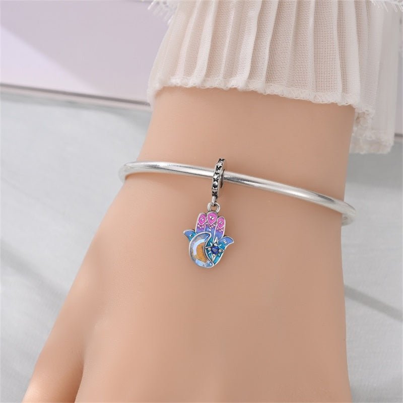 Colorful Hamsa Hand with Moon & Star Dangle Charm