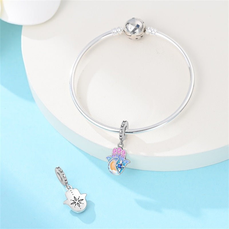 Colorful Hamsa Hand with Moon & Star Dangle Charm