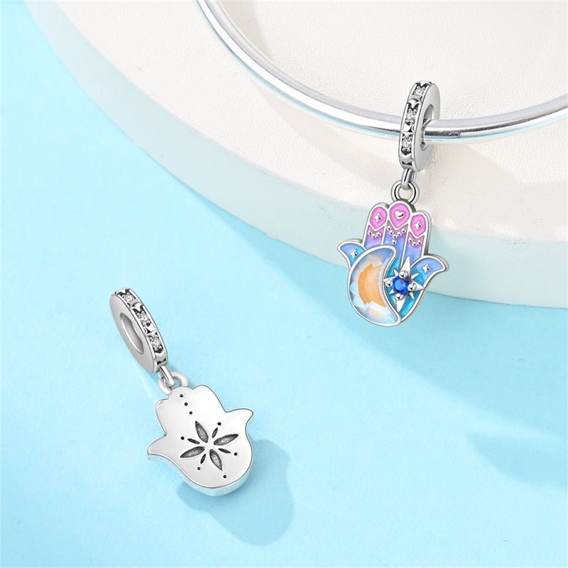 Colorful Hamsa Hand with Moon & Star Dangle Charm