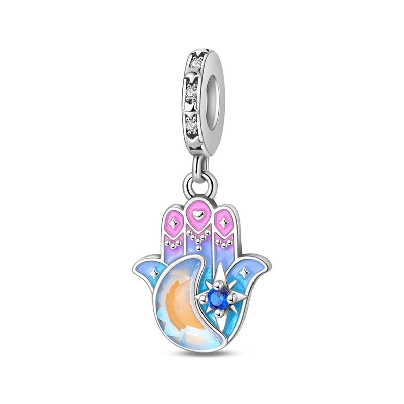 Colorful Hamsa Hand with Moon & Star Dangle Charm