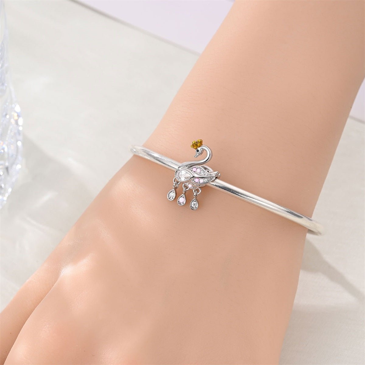 Crowned Swan with Pink Gem Dangle Charm