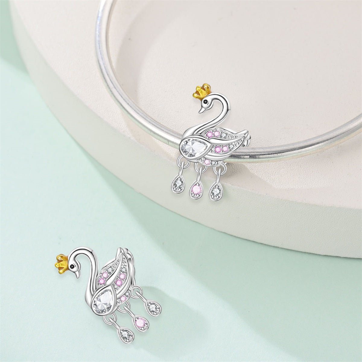 Crowned Swan with Pink Gem Dangle Charm