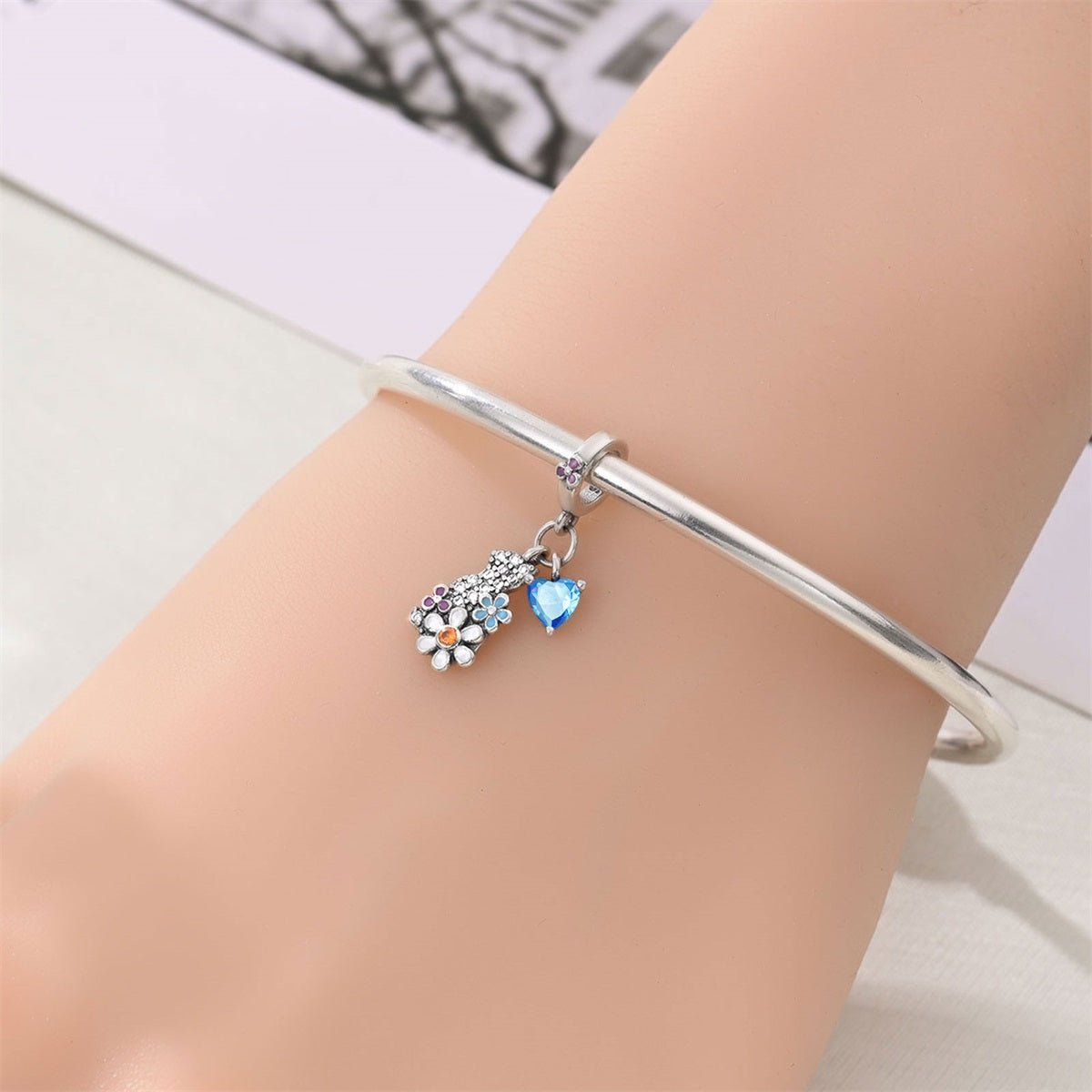 Crystal Cat, Flowers, & Blue Heart Dangle Charm
