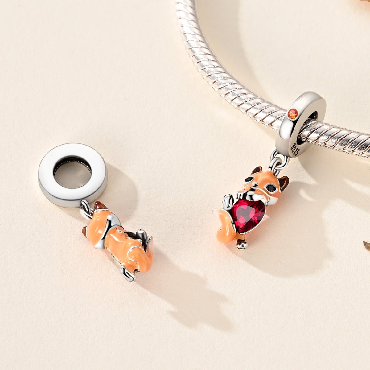 Fox Hugging Red Heart Dangle Charm