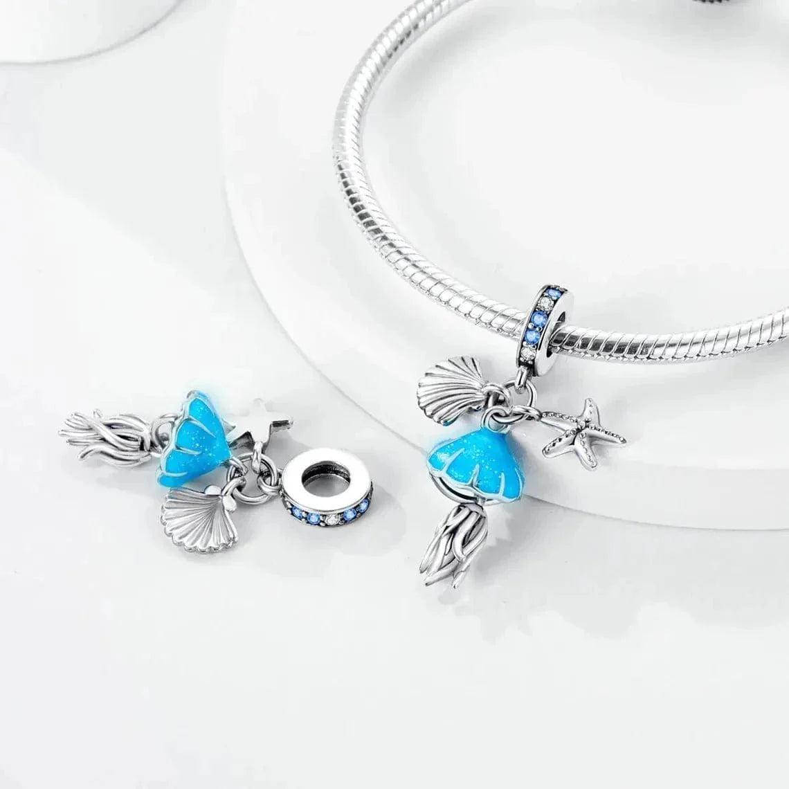 Glow in the Dark Jellyfish Clam and Starfish Triple Dangle Charm