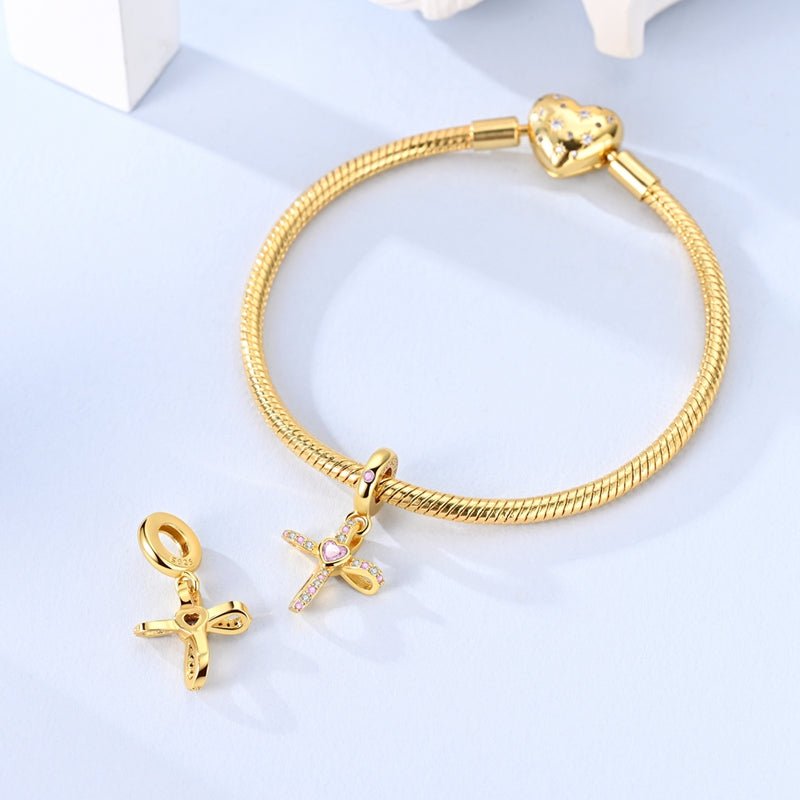 Gold Cross with Pink Heart Dangle Charm