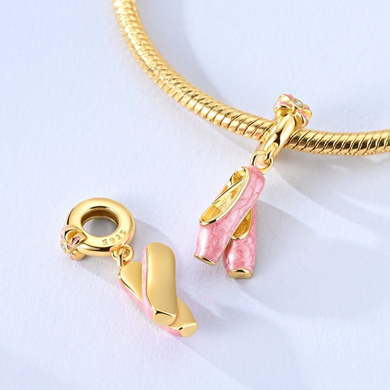 Gold Pink Ballet Shoes Dangle Charm