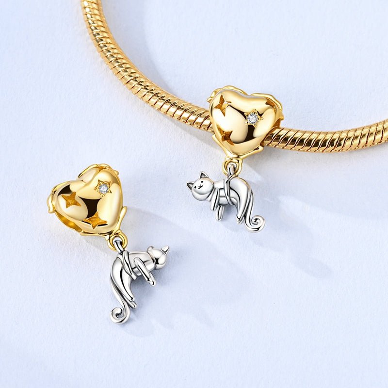 Golden Heart with Playful Cat Dangle Charm