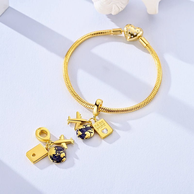 Golden Passport, Globe & Airplane Triple Dangle Charm