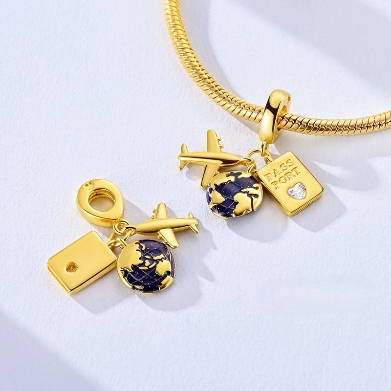 Golden Passport, Globe & Airplane Triple Dangle Charm