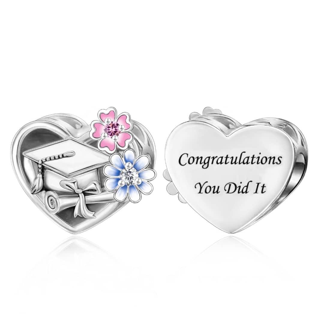 Graduation Cap & Diploma with Flowers "Congratulations You Did It" Heart Charm