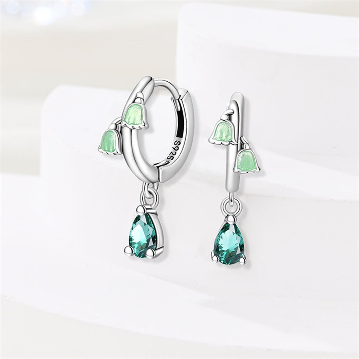 Green Bellflower & Teardrop Crystal Dangle Hoop Earrings