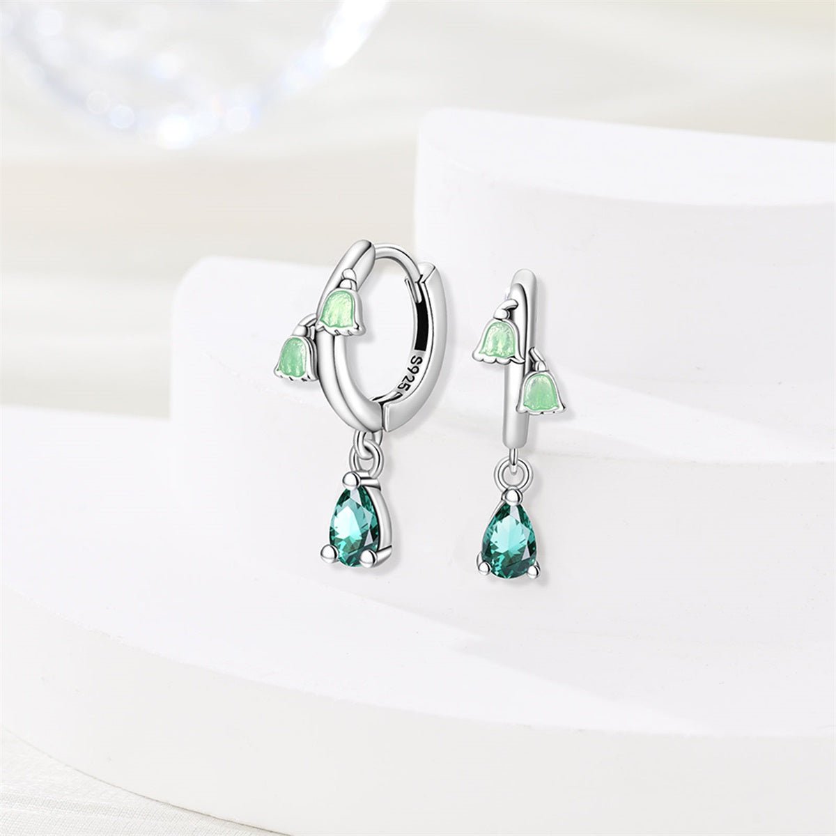 Green Bellflower & Teardrop Crystal Dangle Hoop Earrings