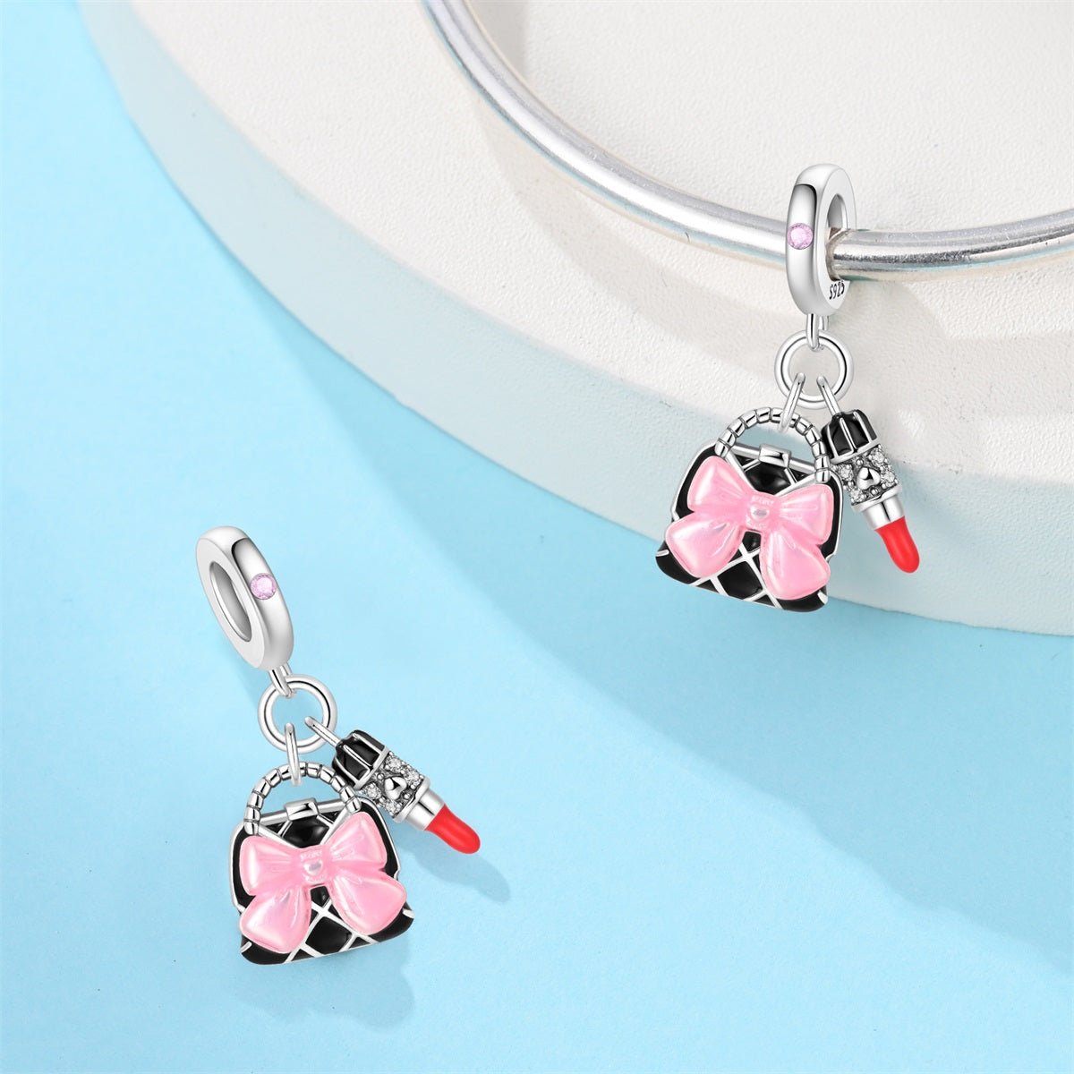 Handbag with Pink Bow & Lipstick Dangle Charm