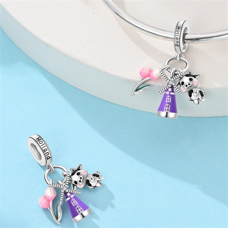 Holland Windmill, Tulips & Cow Dangle Charm