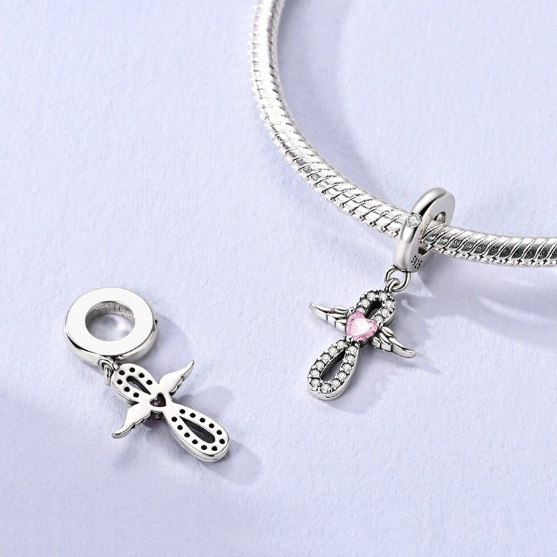 Infinity Angel Wings with Pink Heart Dangle Charm