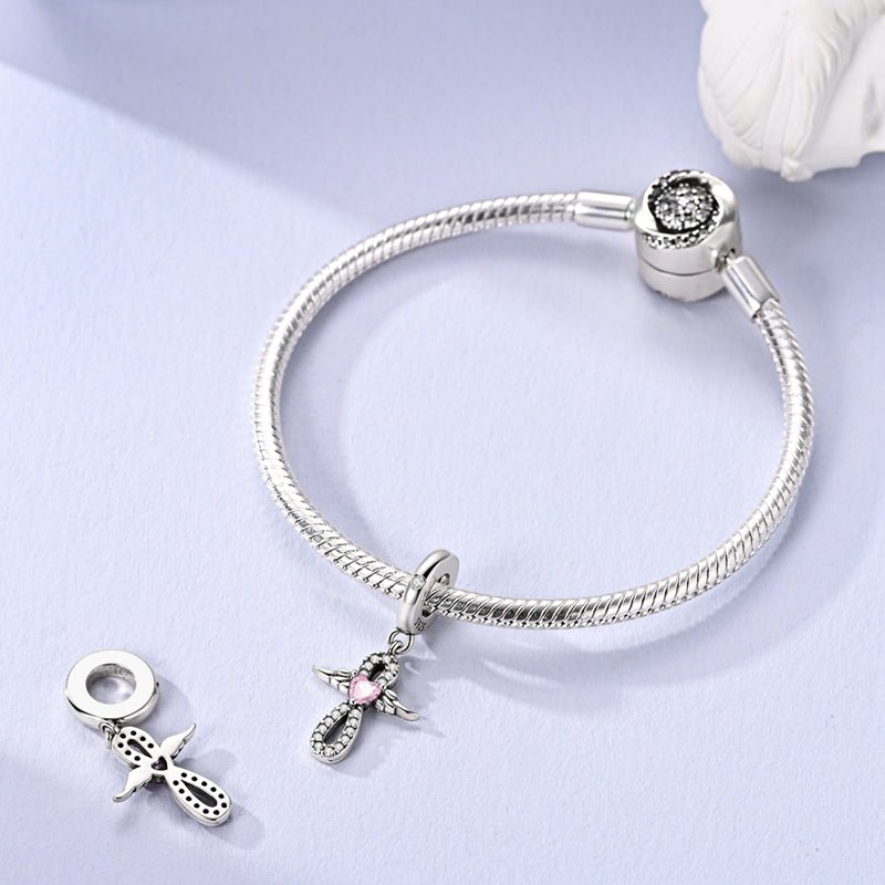 Infinity Angel Wings with Pink Heart Dangle Charm