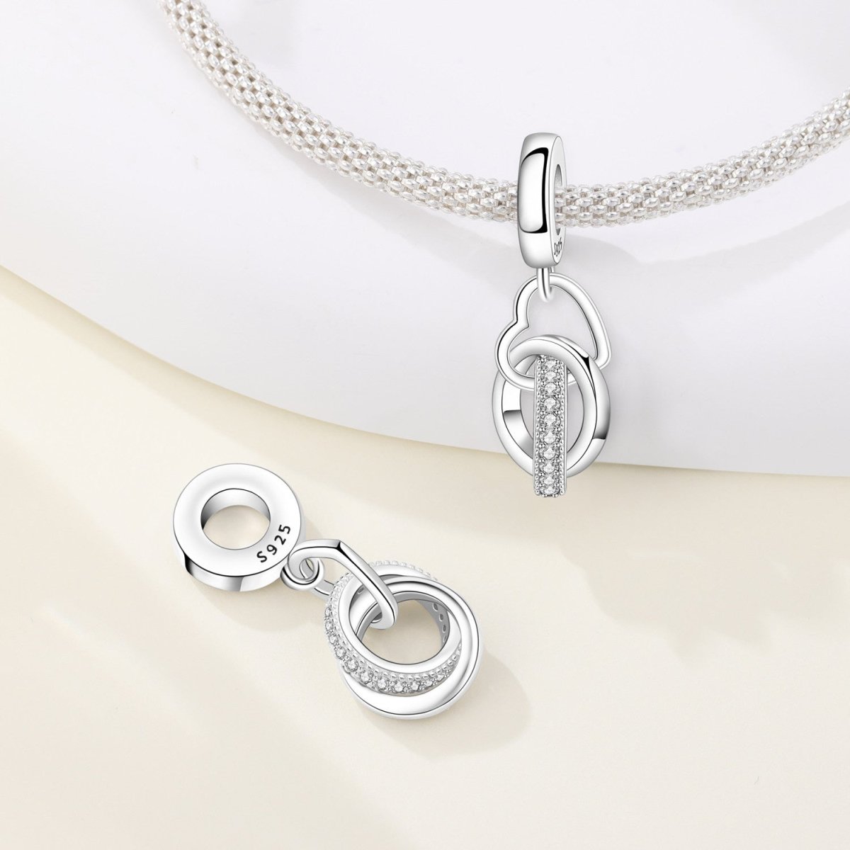 Interlocking Rings & Heart Dangle Charm