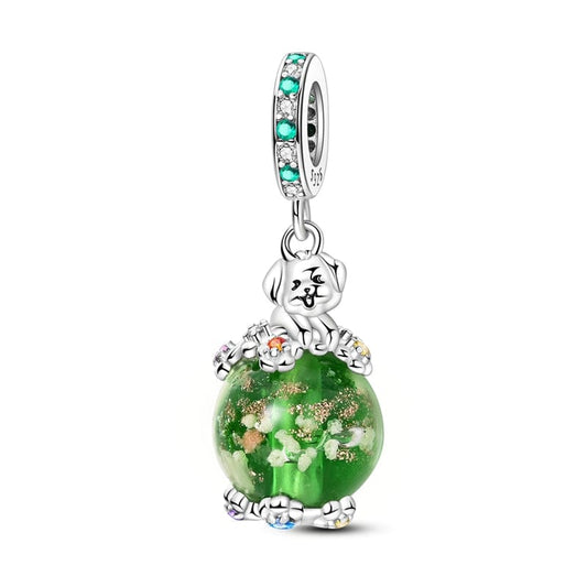 Luminous Dog with Green Crystal Globe Dangle Charm
