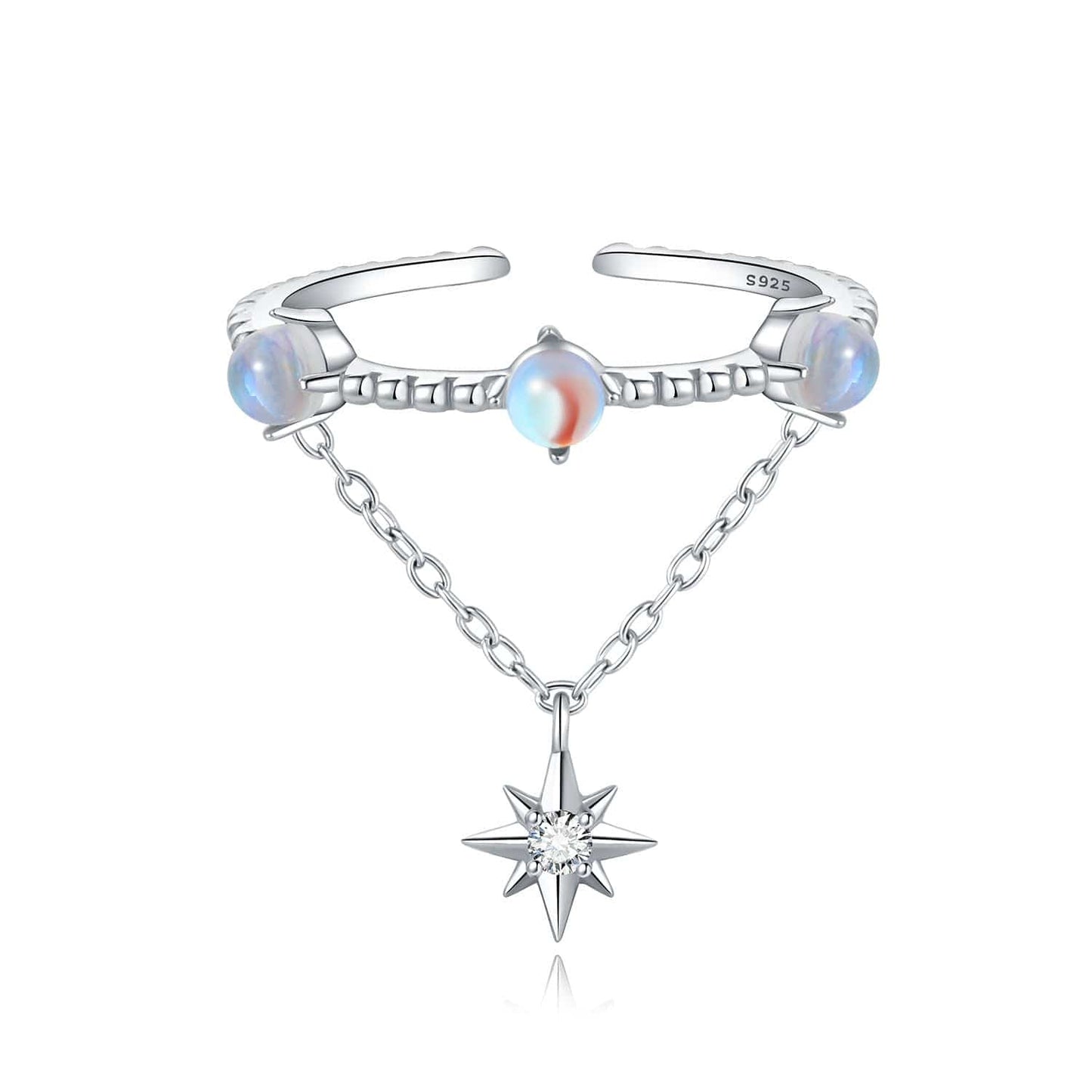 Lunar Glow Opal and Star Chain Adjustable Ring