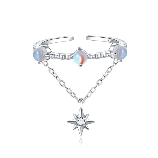 Lunar Glow Opal and Star Chain Adjustable Ring