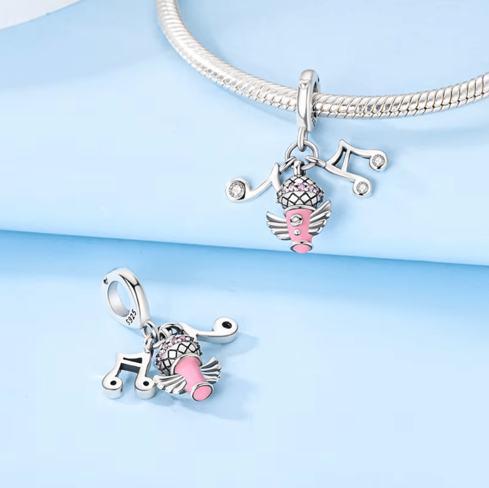 Musical Notes & Pink Microphone Dangle Charm