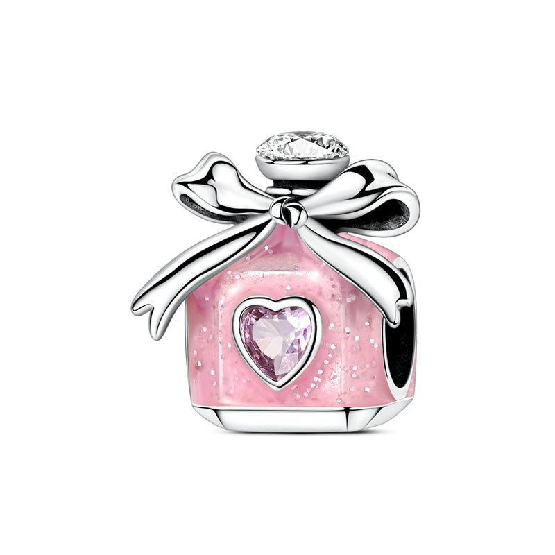 Pink Enamel Perfume Bottle with Bow & Heart Charm
