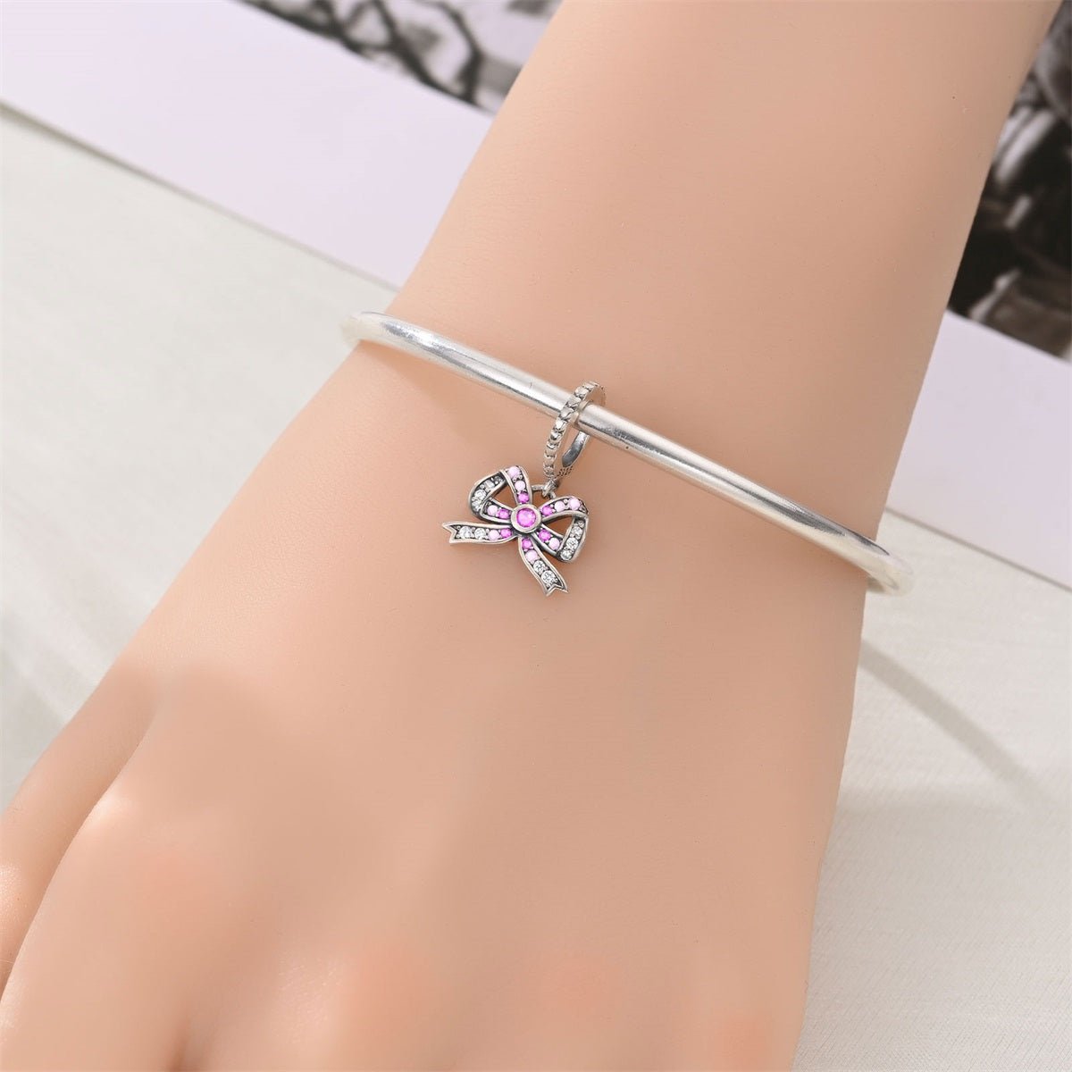 Pink Gem & Crystal Ribbon Bow Charm