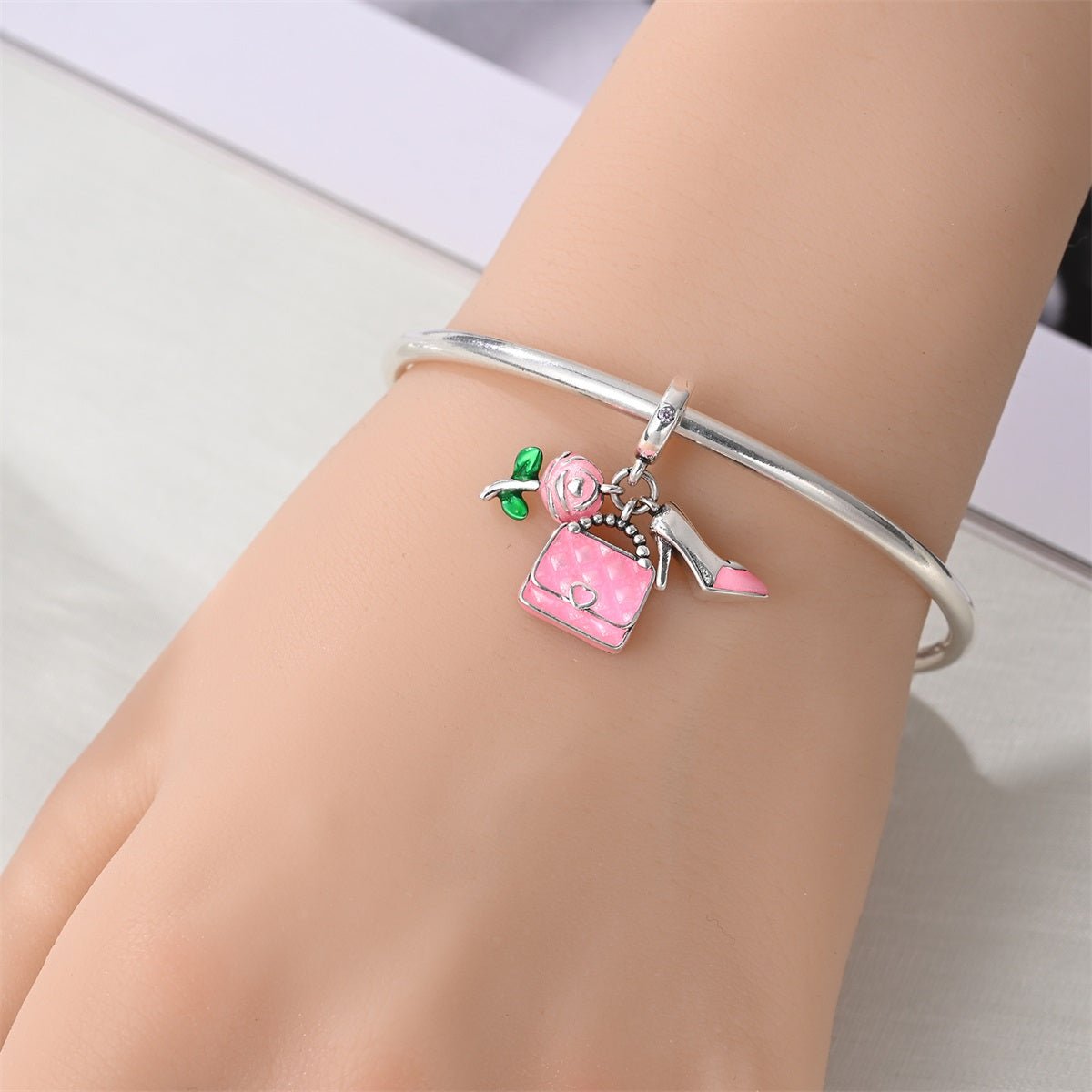 Pink Handbag, Rose, & High Heel Dangle Charm
