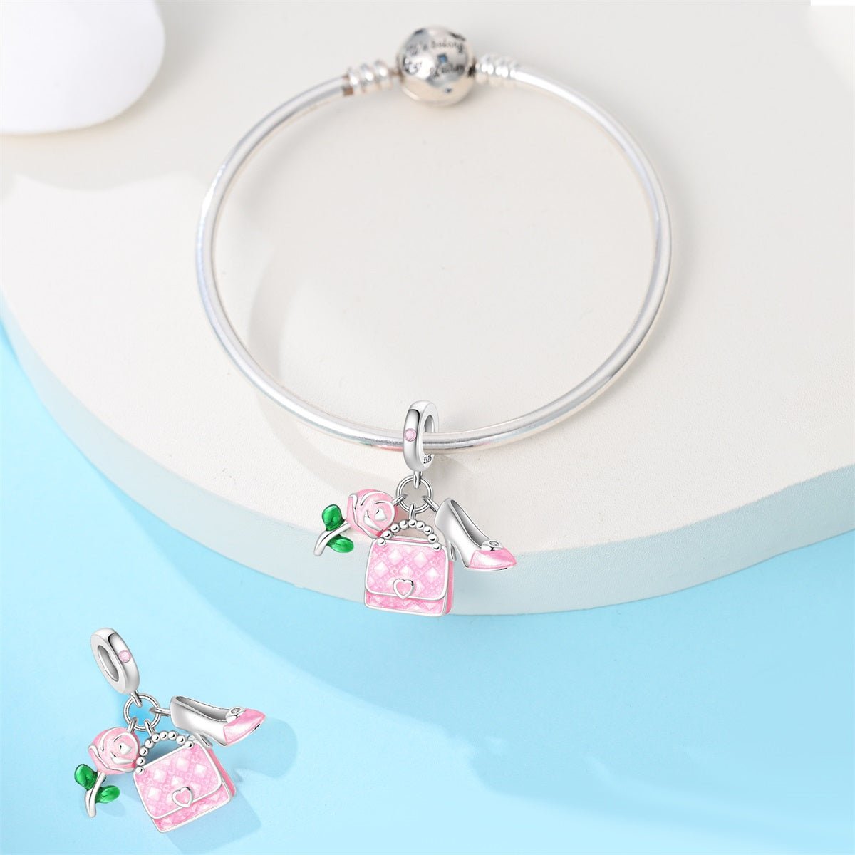 Pink Handbag, Rose, & High Heel Dangle Charm