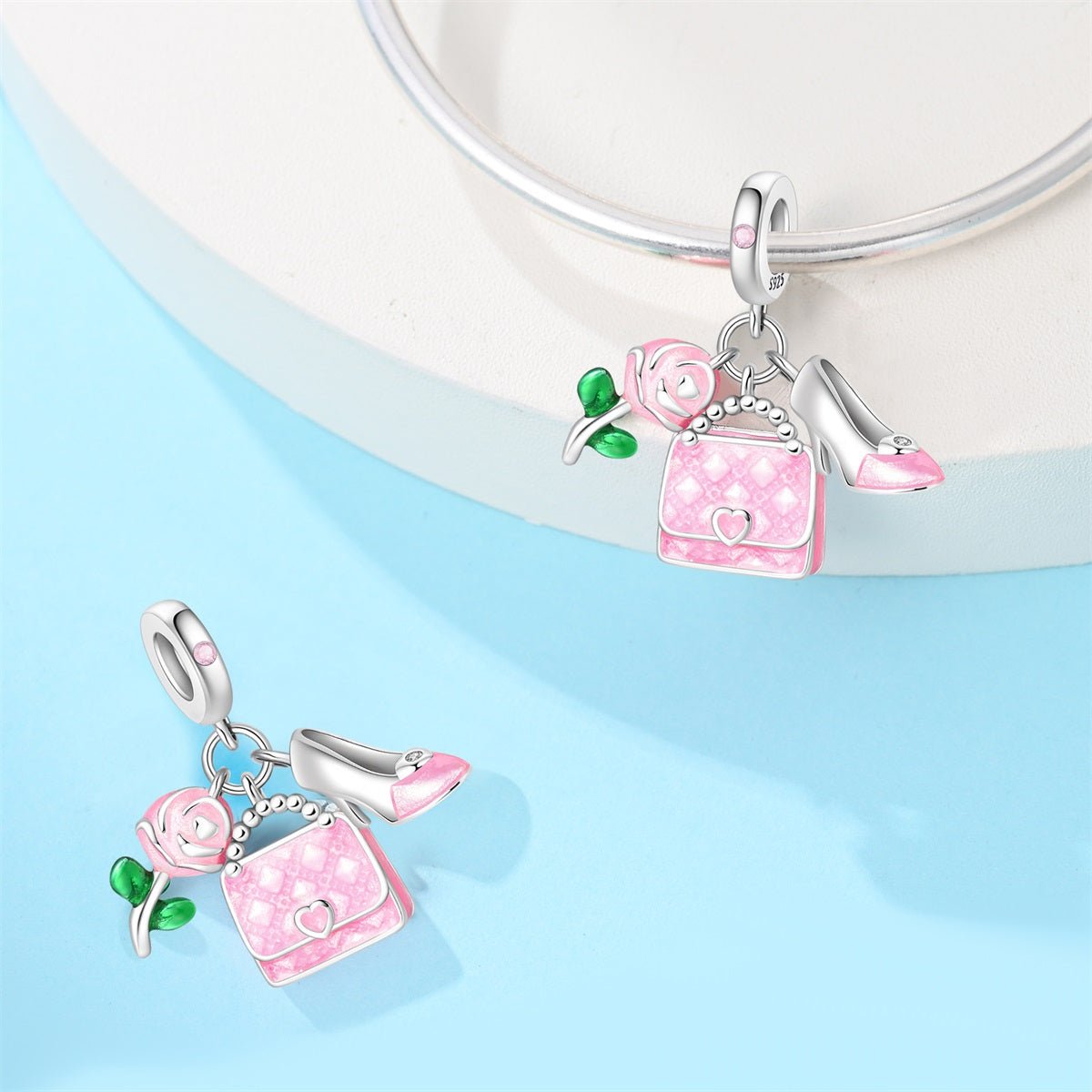 Pink Handbag, Rose, & High Heel Dangle Charm
