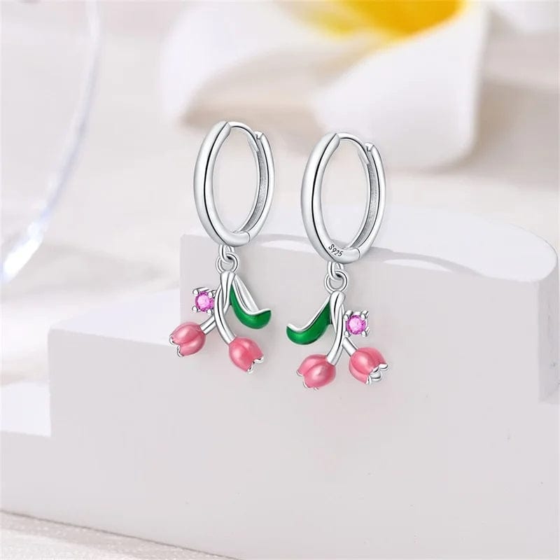 Pink Lily of the Valley Dangle Hoop Earrings