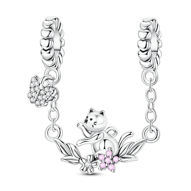Playful Cat with Butterfly Safety Chain Charm