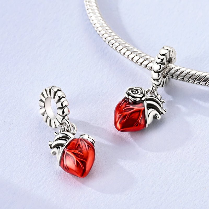 Red Anatomical Heart with Rose Dangle Charm