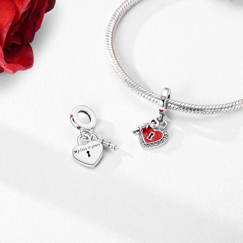 Red Heart Lock and Key Dangle Charm